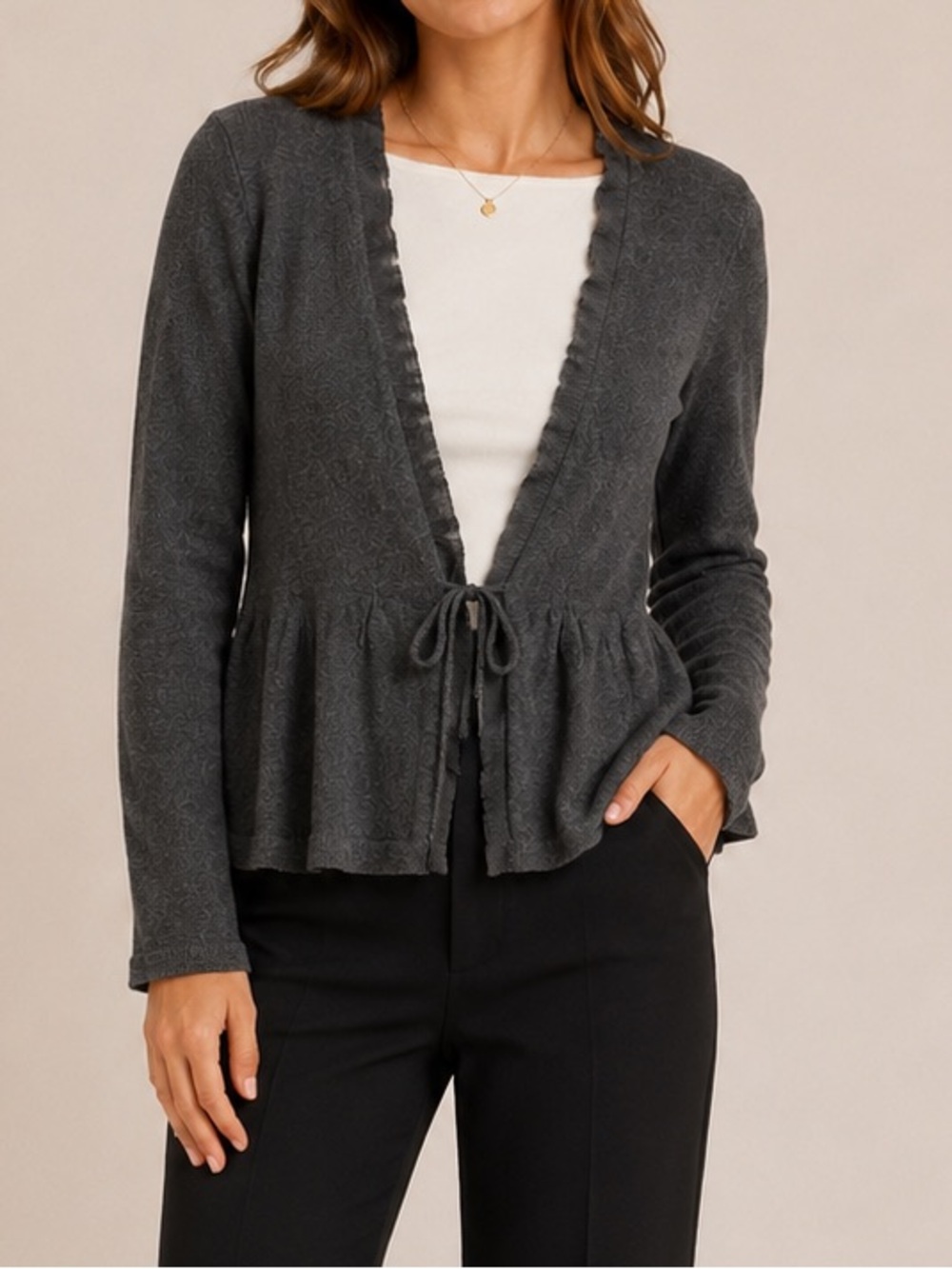 Angel of the North Charcoal Front Tie Peplum Cardigan Size L Cottagecore Classic